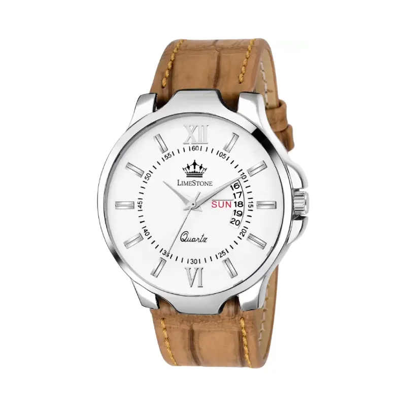 LIMESTONE LS2727 Men's Analog Watch | White Dial | Brown Crocodile Strap
