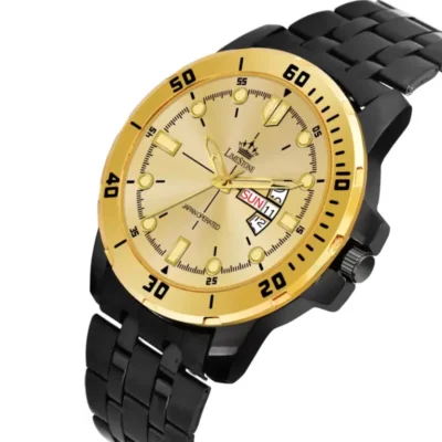 Limestone LS3094 Watch, Gold Dial, Black Chain, Analog Watch for Men