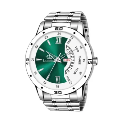 Limestone LS3226 Analog Watch, White & Olive Green Dial, Silver Chain