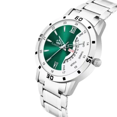 Limestone LS3226 Analog Watch, White & Olive Green Dial, Silver Chain