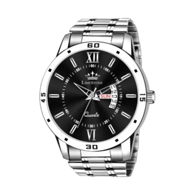Limestone LS3233 Men's Watch, Black Dial Silver Chain Analog Watch, Men's Stainless Steel Watch