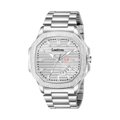Limestone OTUS0001 Men's Analog Watch, Silver Chain Watch, 3D Silver Dial Watch