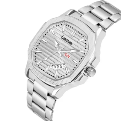 Limestone OTUS0001 Men's Analog Watch, Silver Chain Watch, 3D Silver Dial Watch