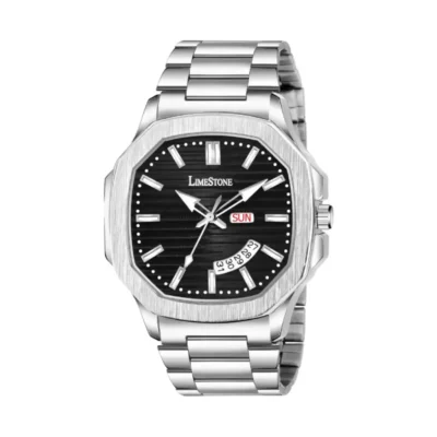 Limestone OTUS0002 Men's Analog Watch, Black Dial, Silver Chain