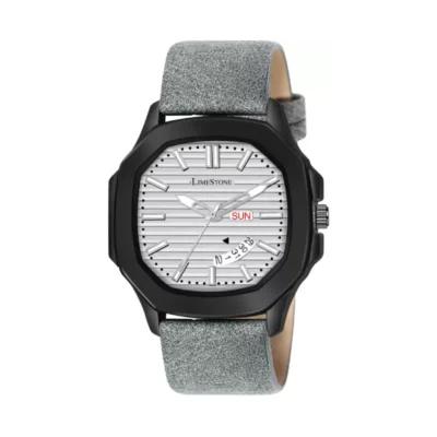 Limestone Men's Watch, Silver Dial Grey Leather Strap Watch, OTUS023 Analog Watch