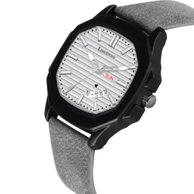 Limestone Men's Watch, Silver Dial Grey Leather Strap Watch, OTUS020 Analog Watch