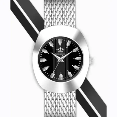 LIMESTONE RADD007 Black Dial Men's Analog Watch, Vintage-inspired wristwatch, Stainless steel mesh chain.