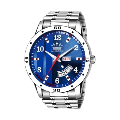Limestone LS2855 blue dial watch, men's silver chain analog watch, quartz mechanism watch