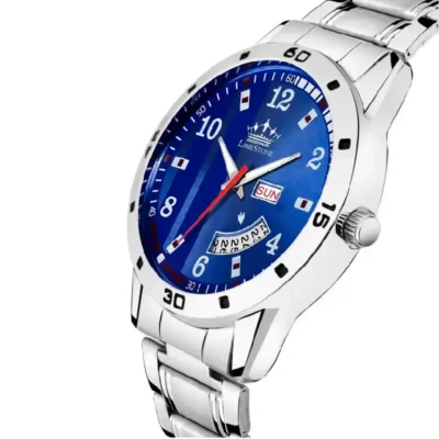 Limestone LS2855 blue dial watch, men's silver chain analog watch, quartz mechanism watch
