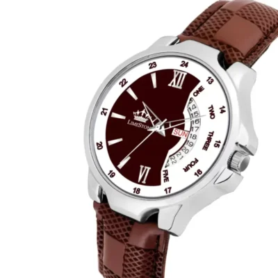 Limestone LS2881 brown leather strap watch, Men's brown white dial analog watch
