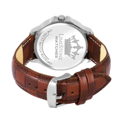 Limestone LS2881 brown leather strap watch, Men's brown white dial analog watch
