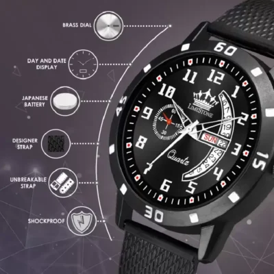 Limestone LS2990 watch, black moon phase watch, mesh strap analog watch