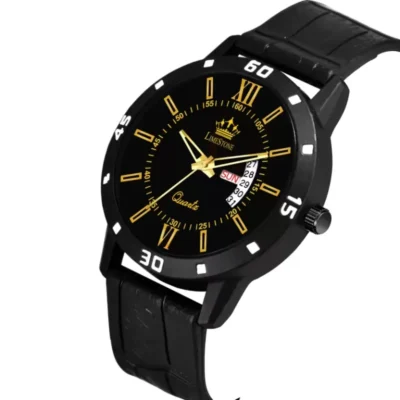 Limestone men's black gold dial watch, Limestone LS3024 AleyBella series leather strap