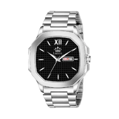 Limestone LS3027 OTUS watch, men's silver chain analog watch, black square dial watch