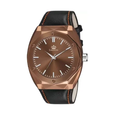 Limestone LUXE122 Brown 3D Cut Dial Black Leather Strap Analog Watch for Men