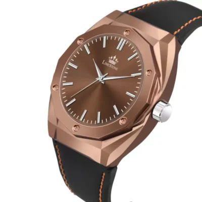 Limestone LUXE122 Brown 3D Cut Dial Black Leather Strap Analog Watch for Men