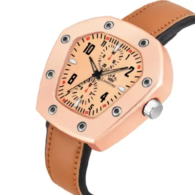 Limestone LUXE140 Hexagonal Rose Gold Dial Brown Leather Strap Watch - Men's Luxury Timepiece